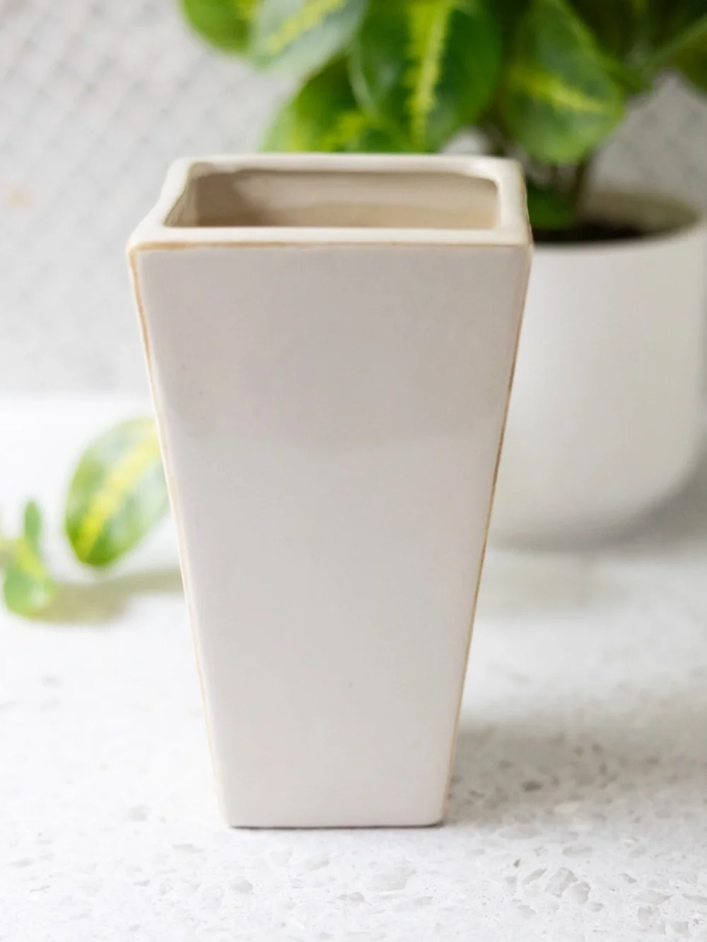 Cream off white square tulip ceramic pottery vase 6.5